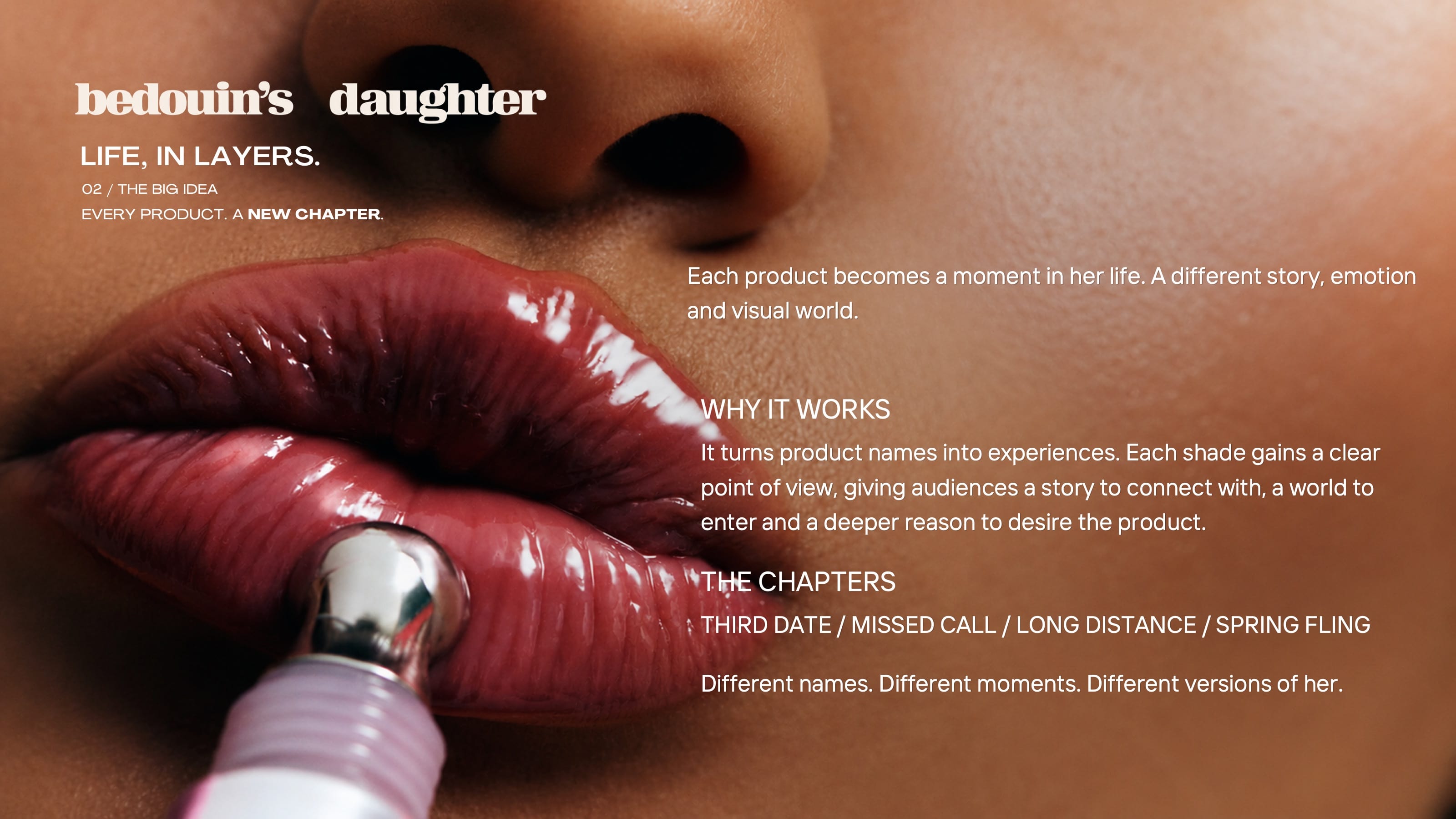 The Big Idea — every product, a new chapter, set over a glossed lip close-up