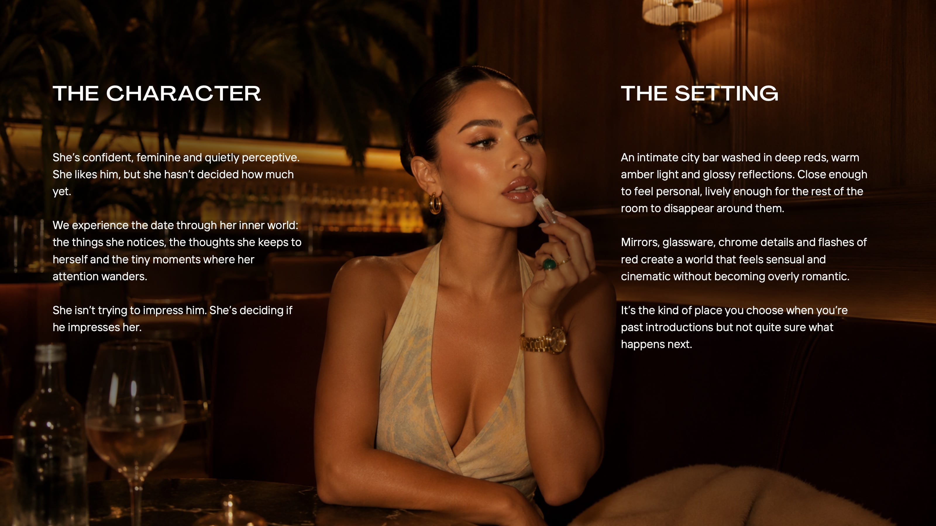 The Character and The Setting — a woman at an intimate city bar in warm amber light