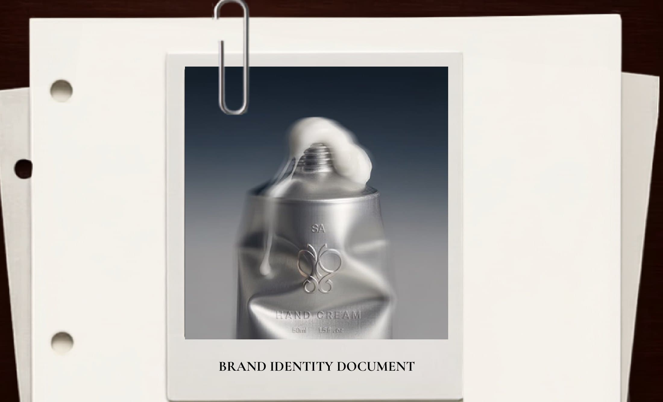 The title page of the Brand Identity Document — a polaroid of a silver hand cream tube, paper-clipped to a stack of cream paper