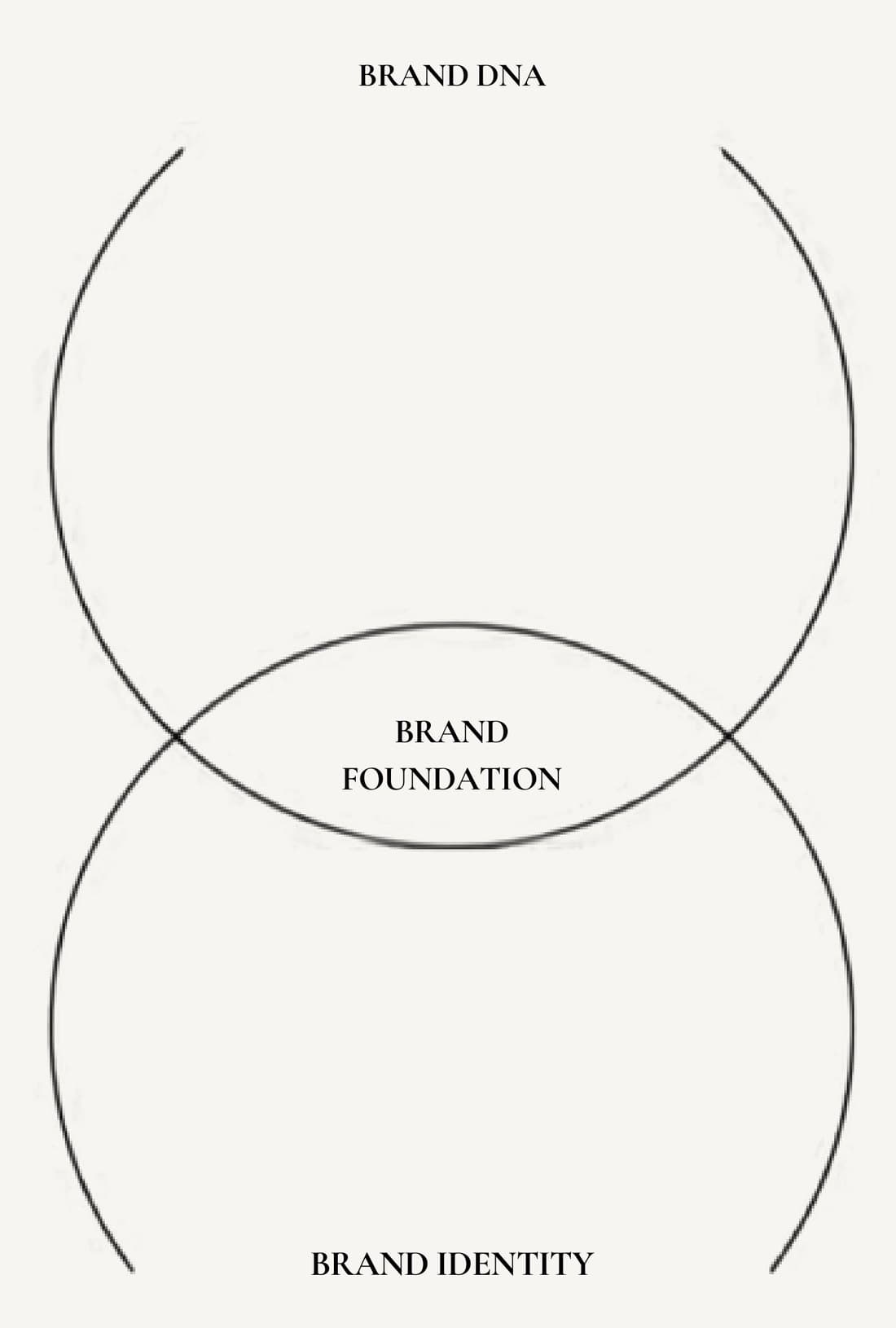 A diagram of two overlapping circles, brand DNA and brand identity, meeting at the brand foundation
