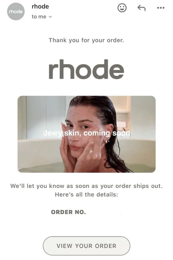 An order confirmation email from the brand rhode, shown as an example of post-purchase communication