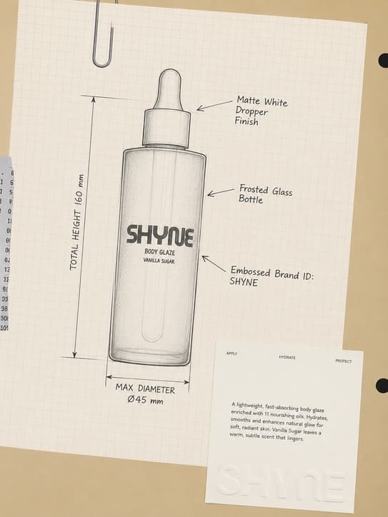Annotated bottle development sketch on kraft paper noting total height, max diameter, dropper finish and embossed SHYNE brand ID