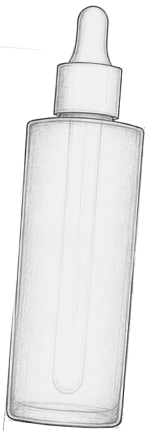 Technical pencil drawing of the SHYNE body glaze bottle with a matte white dropper and frosted glass body