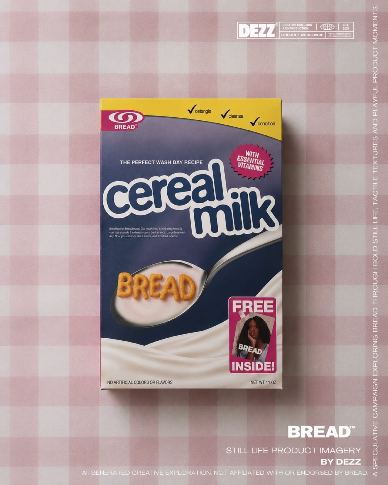 Still life image — a Bread cereal milk box styled as breakfast cereal on a pink gingham ground