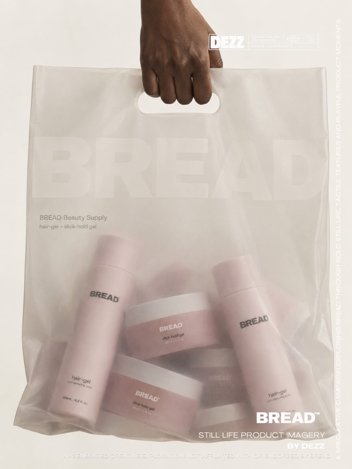 A hand carrying a frosted shopping bag holding hair gel and slick-hold gel