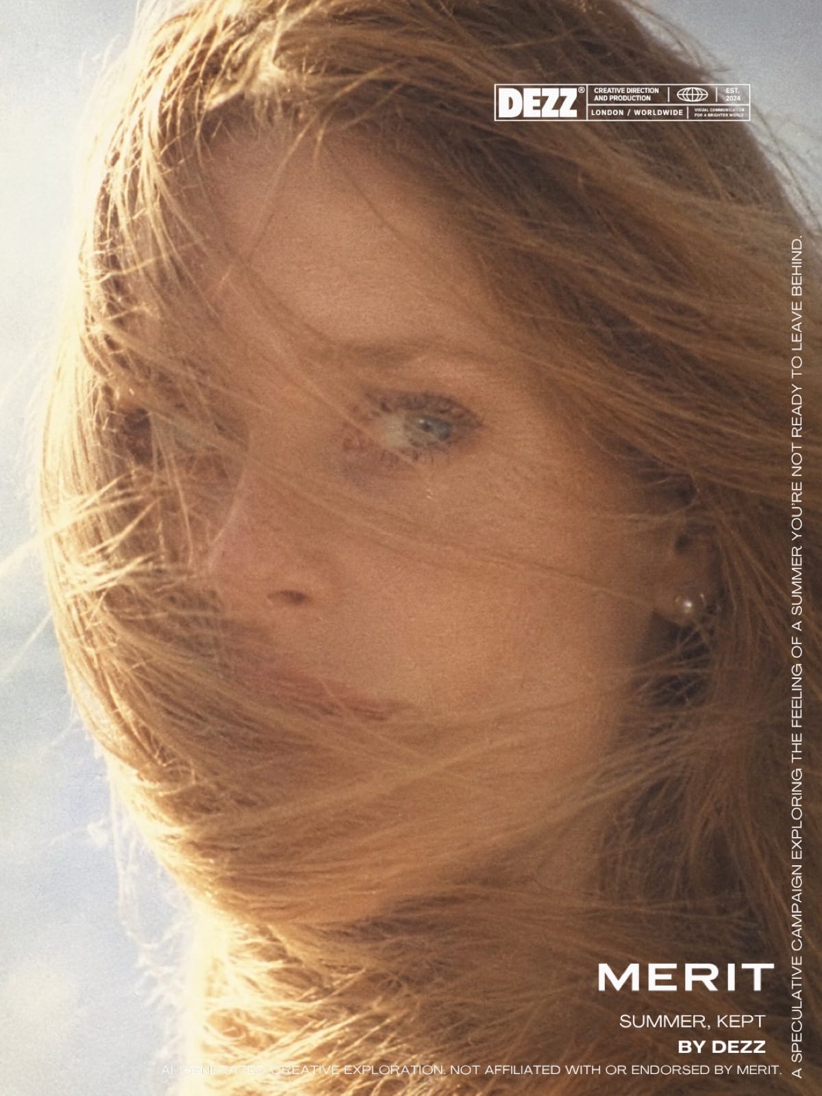 Summer, Kept campaign image — a portrait in wind-blown sunlit hair