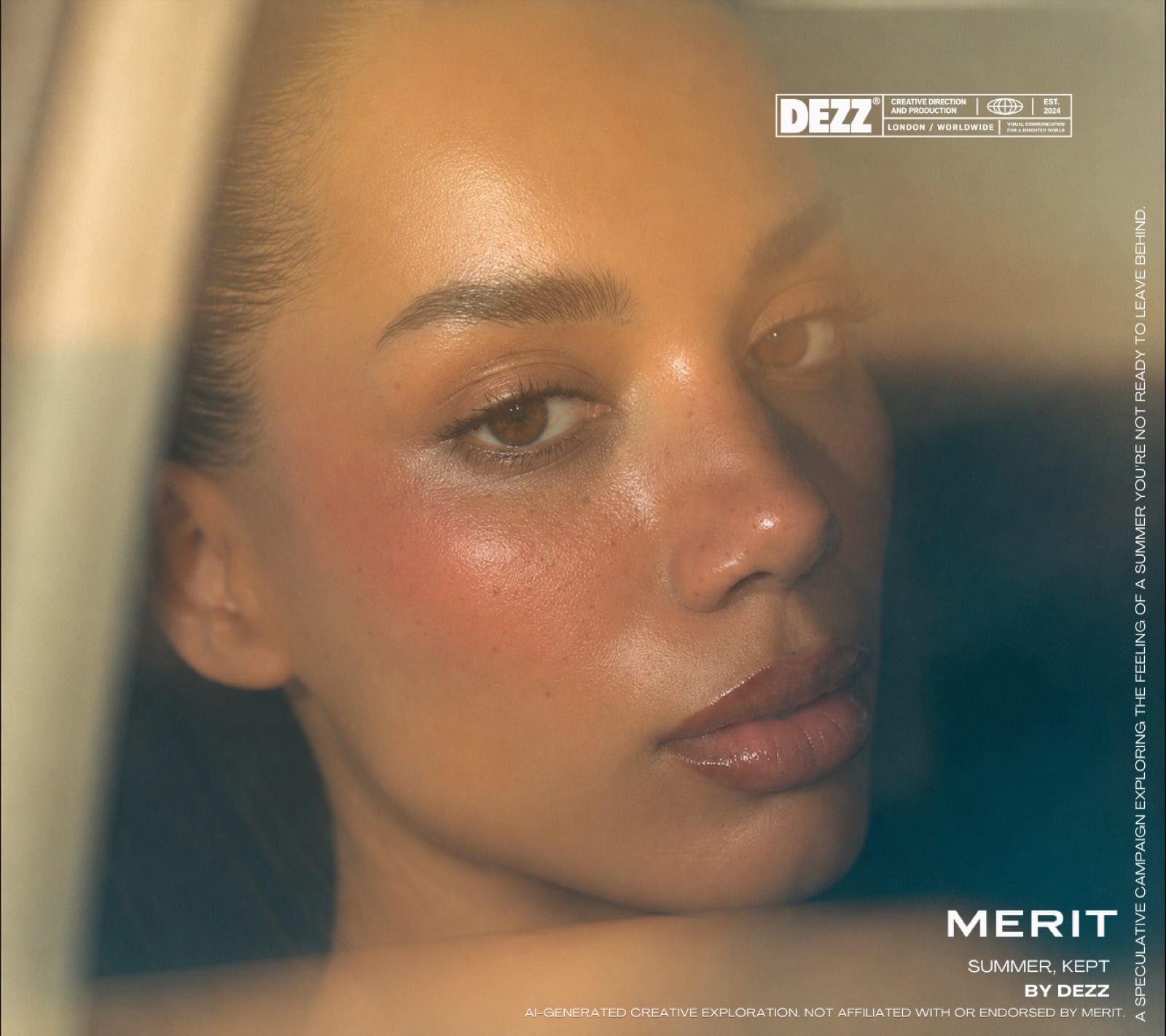 Campaign image — a close portrait in warm light against a car window