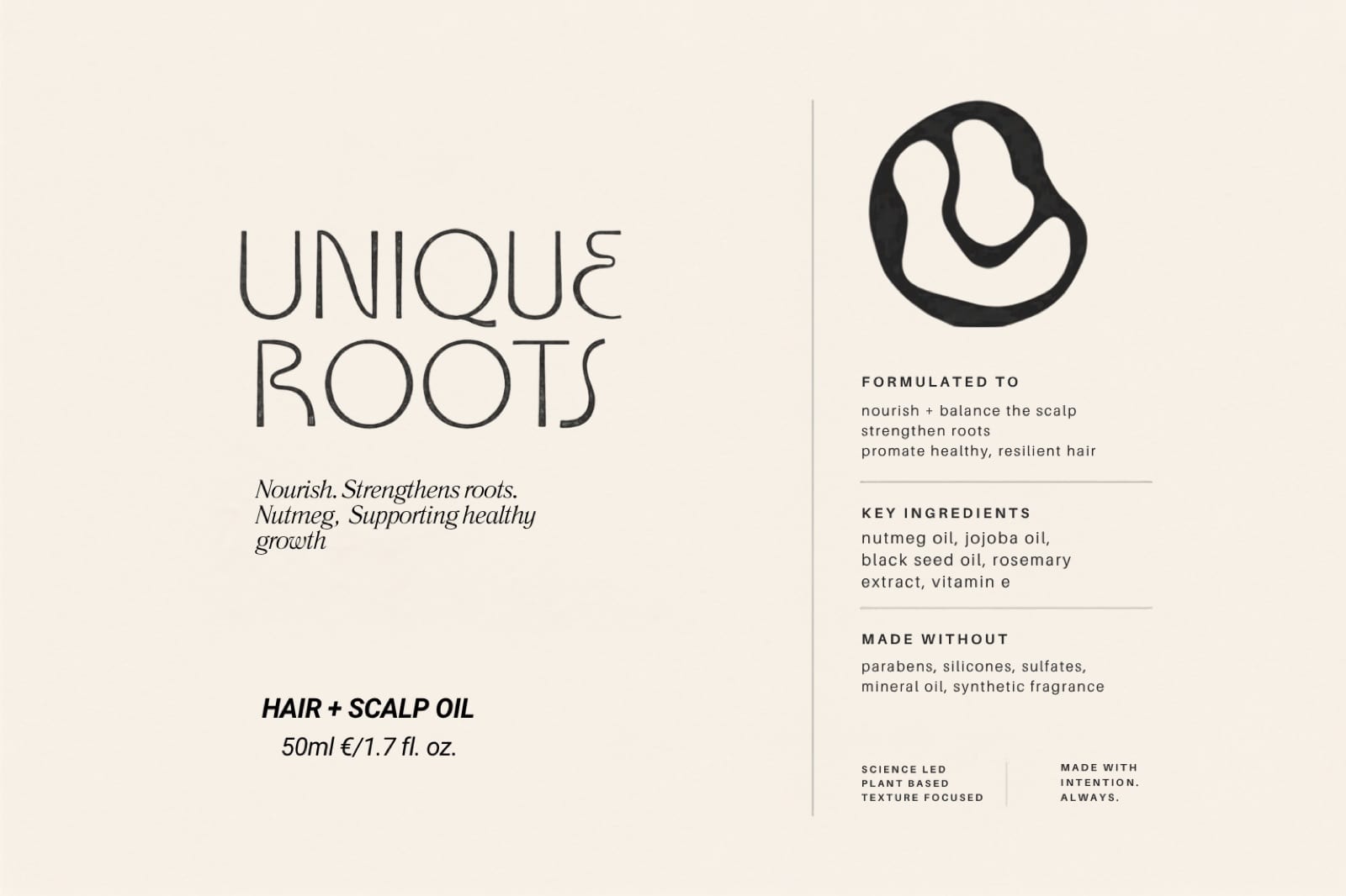 Hair and scalp oil label layout — wordmark, formulation notes, key ingredients and a “made without” list