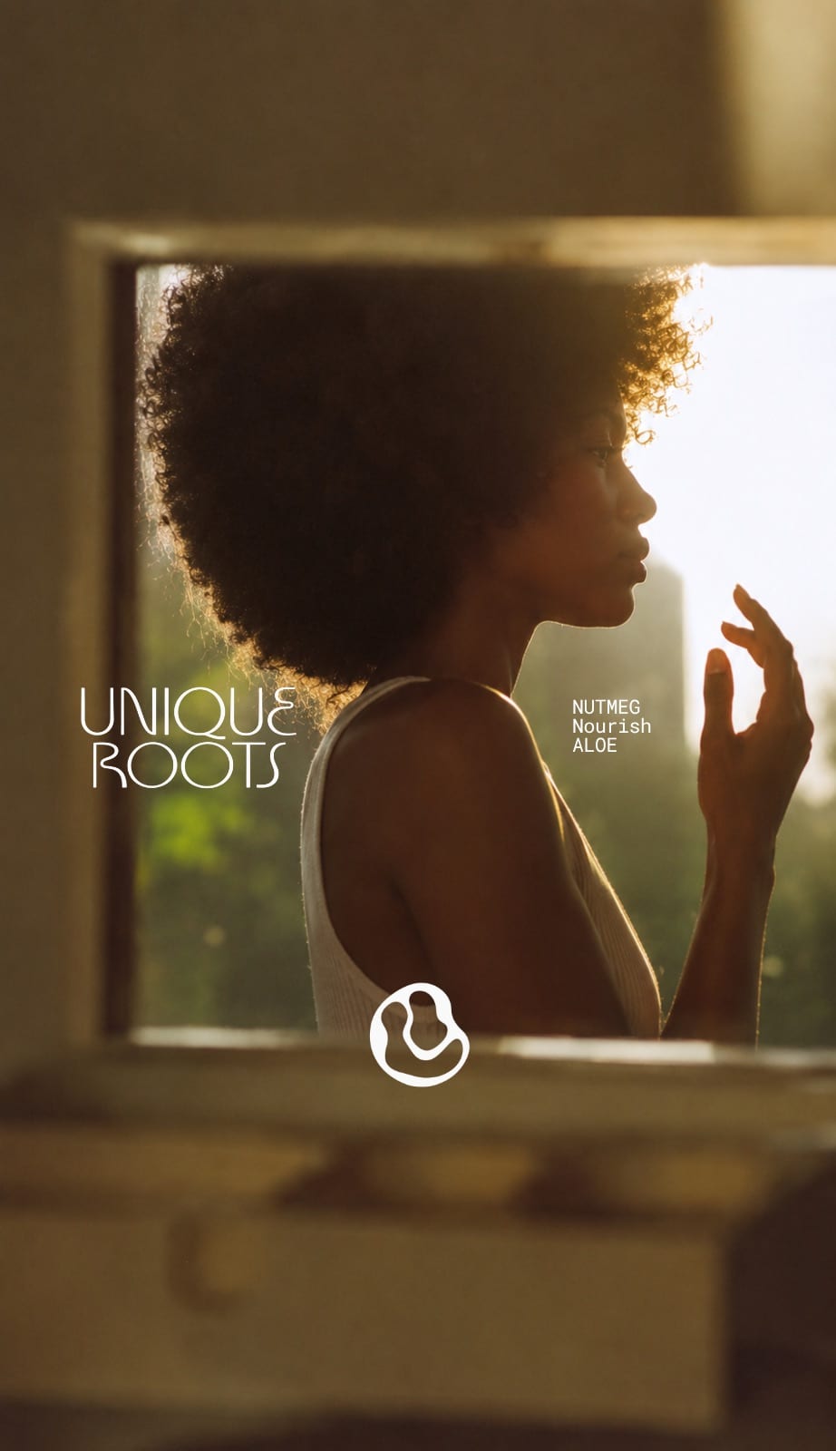 Campaign image — a model at a window in golden light with the Unique Roots wordmark and shade names