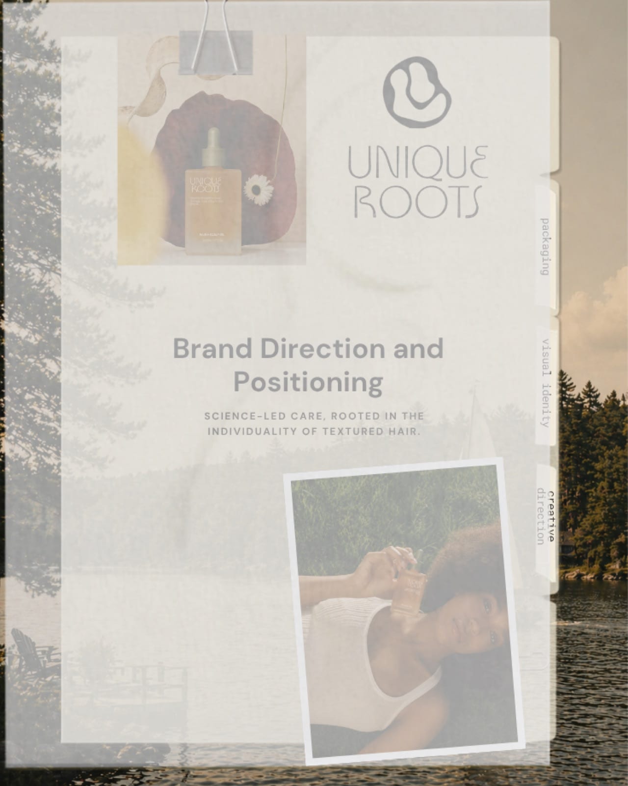 Brand direction and positioning cover sheet with packaging, visual identity and creative direction tabs
